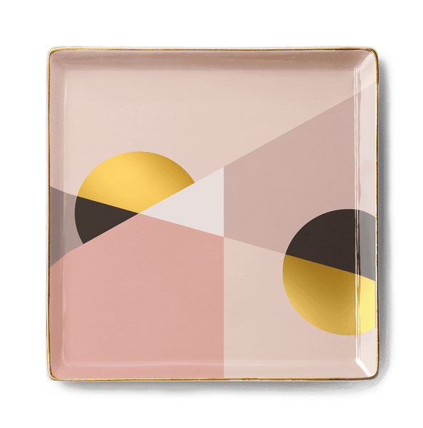 OCTAEVO Siena Ceramic Tray—square with a pink, beige & gold geometric design, ideal as a Mediterranean catchall.