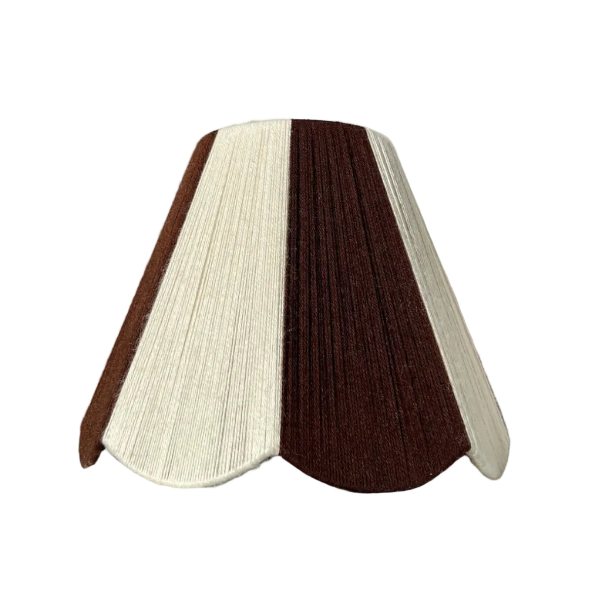 A handmade yarn scallop lampshade by Slice Shades in Ecru and Cocoa white and brown.