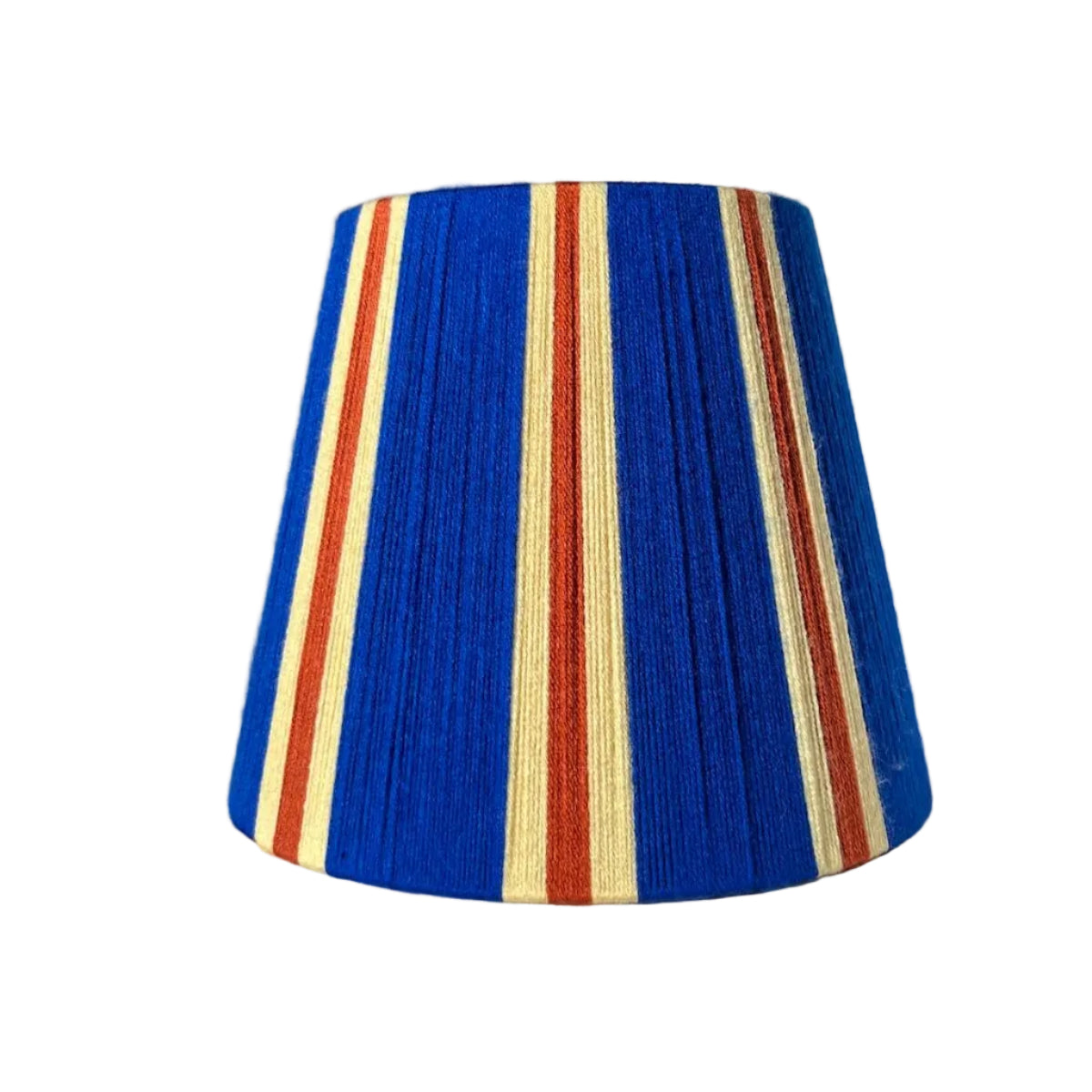 A Slice Shades handwoven striped yarn lampshade in cobalt blue, butter yellow and burnt orange stripes.
