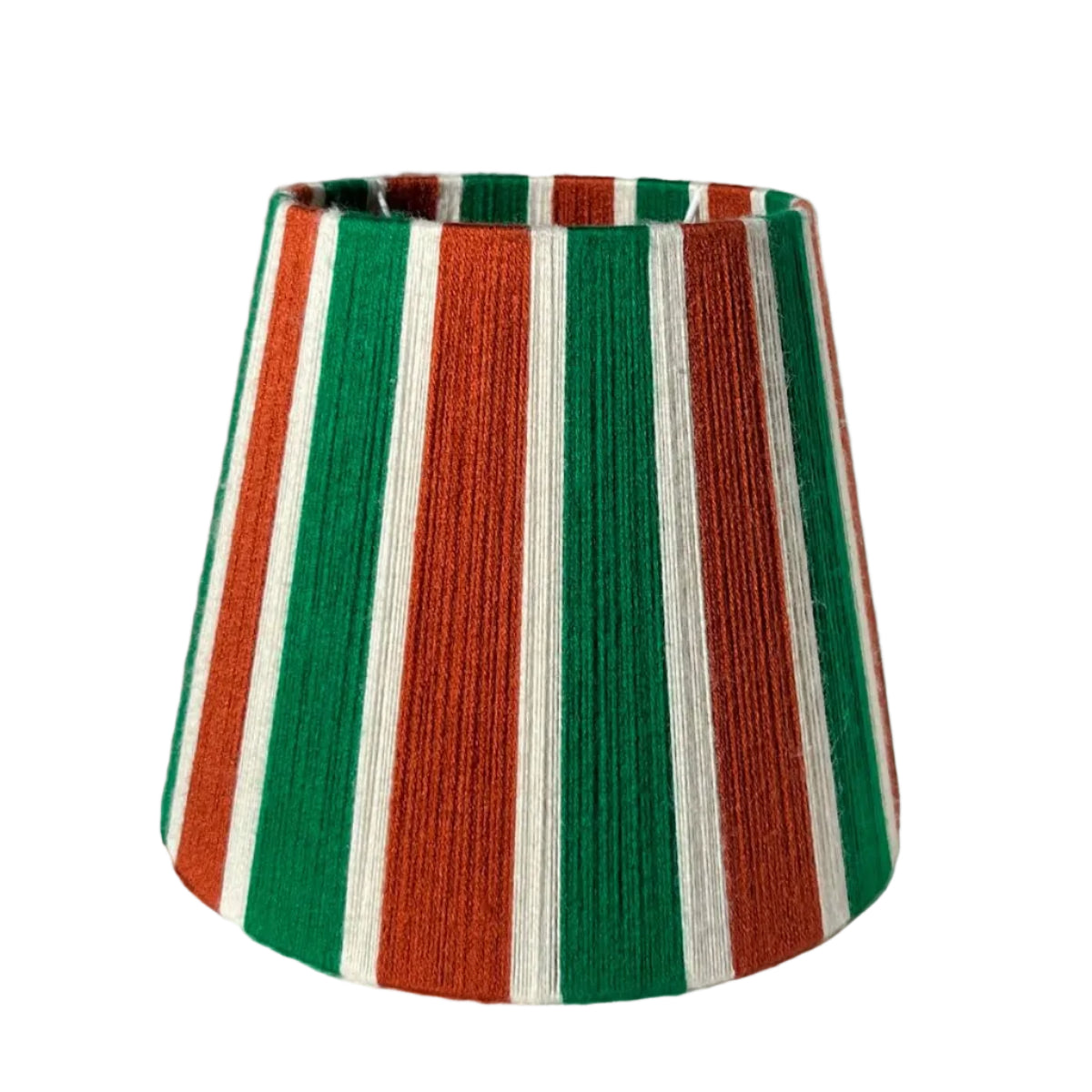 A Slice Shades handwoven yarn striped lampshade in Rust, Ecru & Jade Green on a white background.