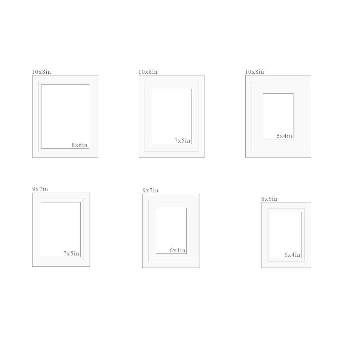 Set of 6 white picture frames with dimensions labeled on a white background