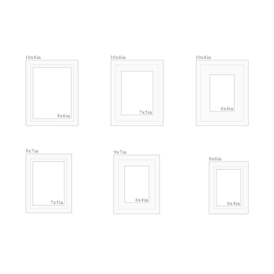 Set of 6 white picture frames with dimensions labeled on a white background