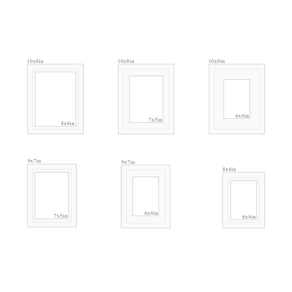 Set of 6 white picture frames with dimensions labeled on a white background