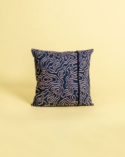 back side of navy/pink soft viscose knit pillowcase with organic curves pattern