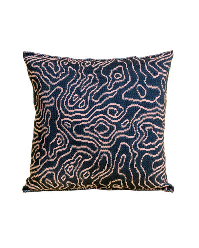 front side of navy/pink soft viscose knit pillowcase with organic curves pattern