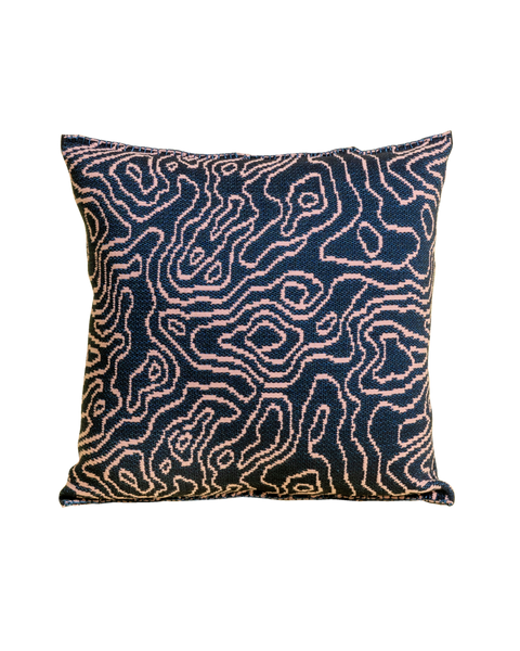 front side of navy/pink soft viscose knit pillowcase with organic curves pattern
