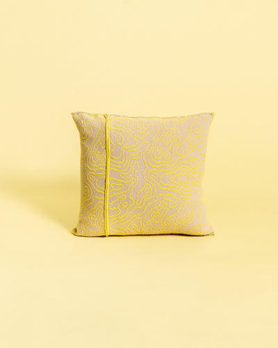back side of yellow/beige soft viscose knit pillowcase with organic curves pattern
