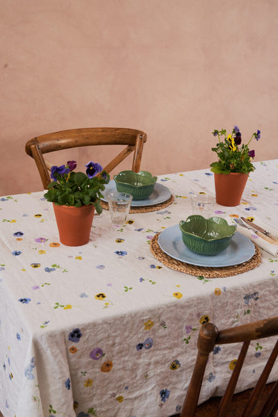 table linen with viola florals