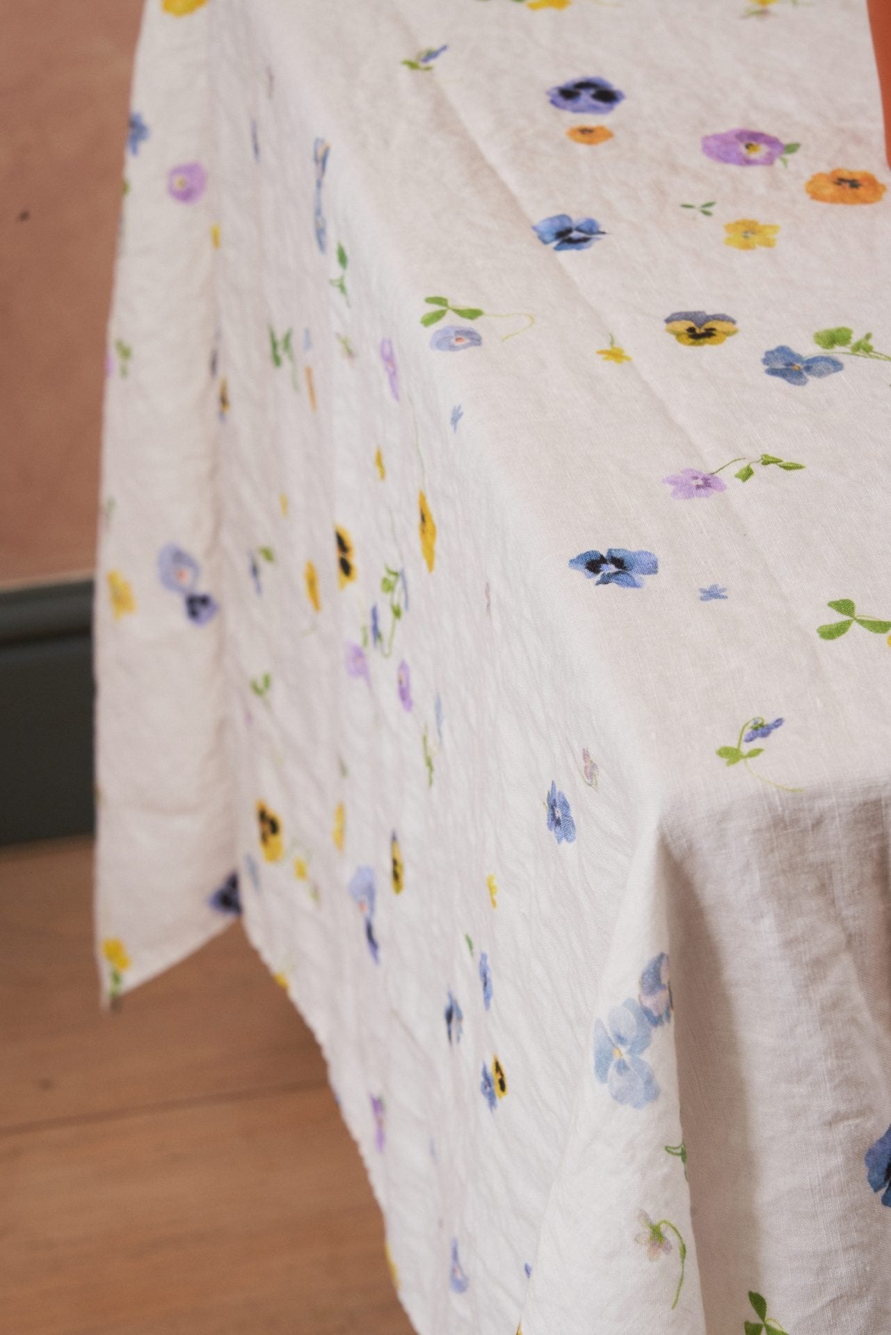 table linen with viola florals