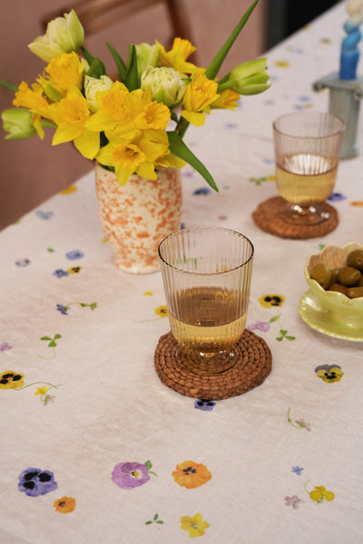 table linen with viola florals