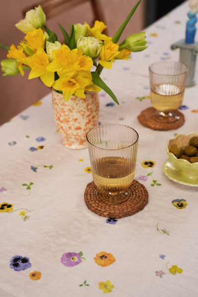 table linen with viola florals