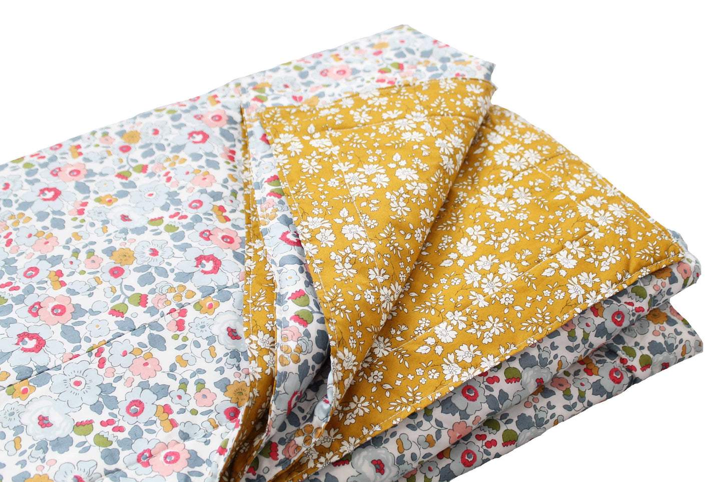 Reversible Stitch Border Bedspread made with Liberty Fabric BETSY GREY & CAPEL MUSTARD - Coco & Wolf