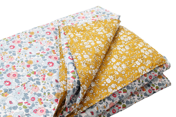 Reversible Stitch Border Bedspread made with Liberty Fabric BETSY GREY & CAPEL MUSTARD - Coco & Wolf