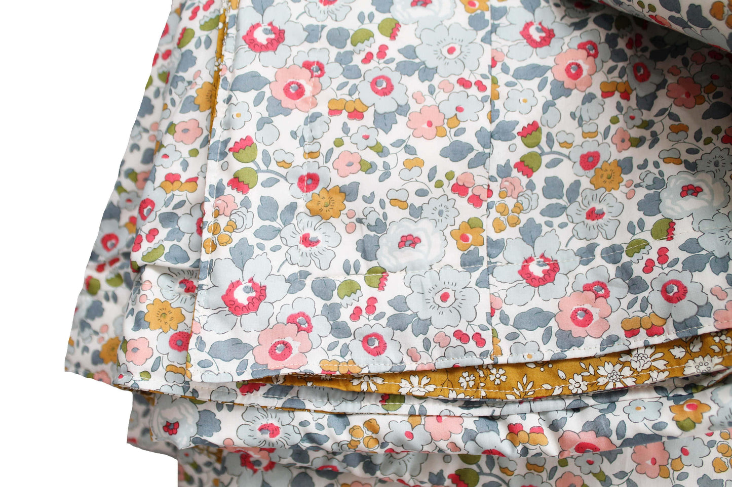 Reversible Stitch Border Bedspread made with Liberty Fabric BETSY GREY & CAPEL MUSTARD - Coco & Wolf