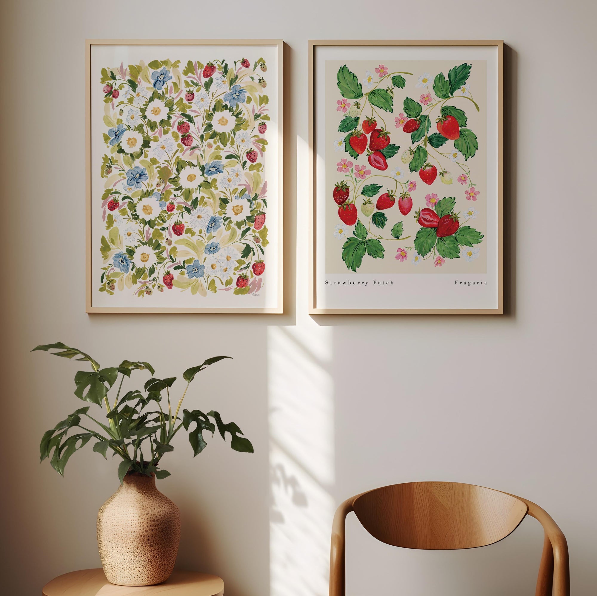 Garden Strawberries x Strawberry Patch Art Prints styled together.