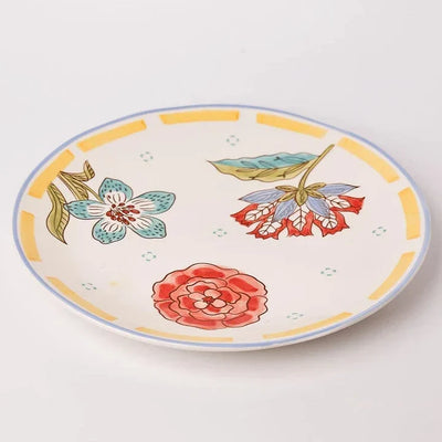 Stripe And Stem Handpainted Ceramic Round Platter 10x1.18 Inches Set of 2 - Casa Amarosa