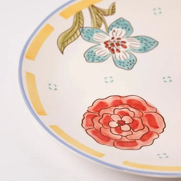 Stripe And Stem Handpainted Ceramic Round Platter 10x1.18 Inches Set of 2 - Casa Amarosa