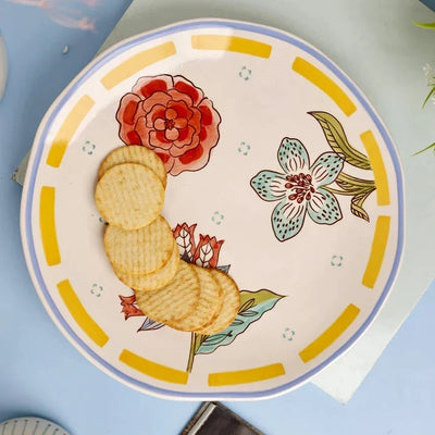 Stripe And Stem Handpainted Ceramic Round Platter 10x1.18 Inches Set of 2 - Casa Amarosa