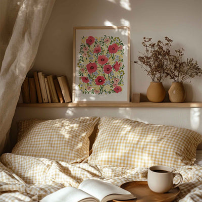 watercolour hand painted poppy floral design, bright pinks, lilacs, butter yellow and greenery fine art print in a3 styled in shelf above bed with gingham yellow covers 