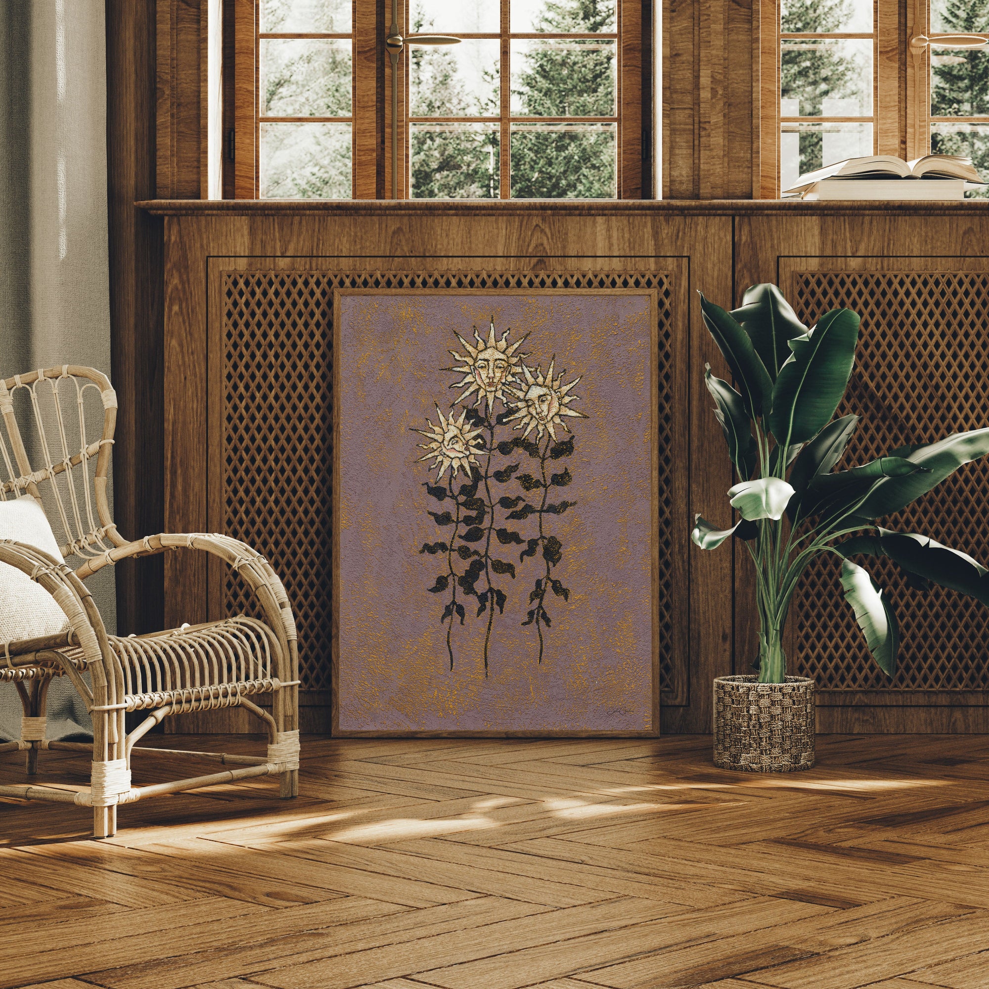 Room interior with wooden cabinet, wicker chair, and decorative sunflower art print on the floor.