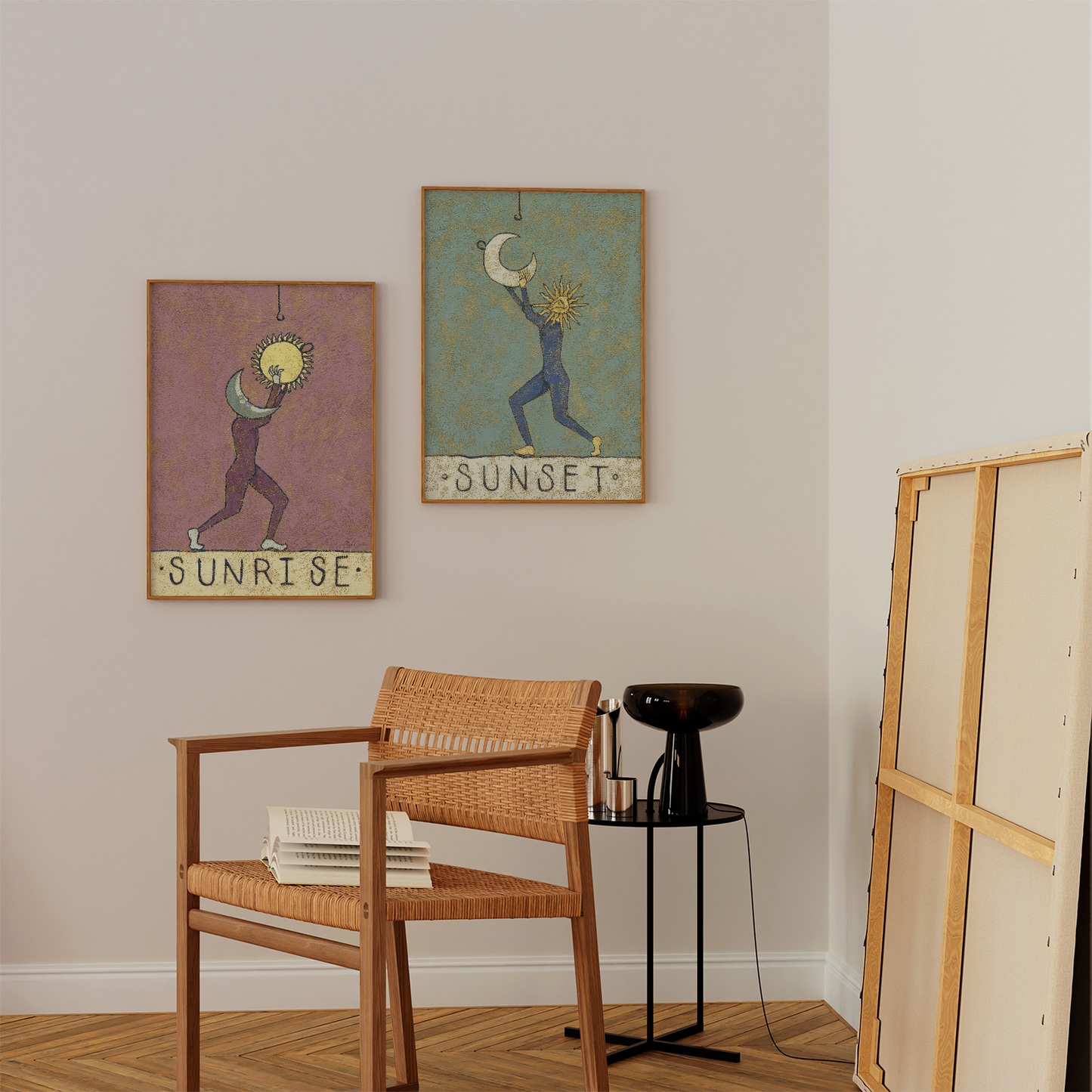 art studio with two art prints inspired by the beginning and end of the day