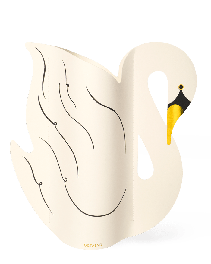 The OCTAEVO Swan Paper Vase features a Salvador Dalí-inspired curved-neck swan on a white background.