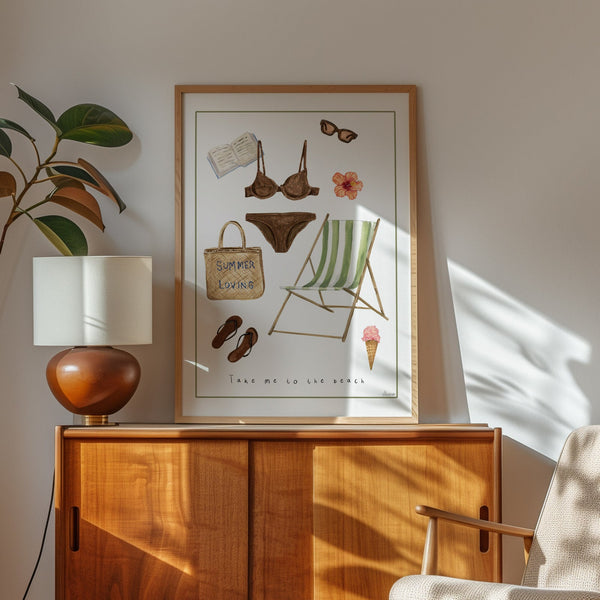Take me to the beach fine art print- Summer fashion illustration of bikini, flipflops, ice cream, sunglasses, beach bag, book and hibiscus flower in living room