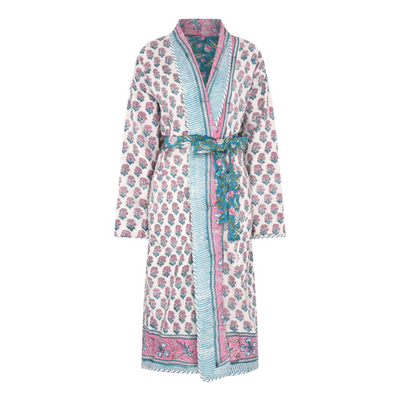 Reversible floral patterned robe with pink and green design on a white background