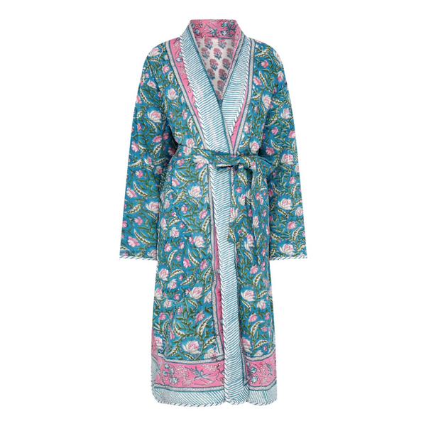 Reversible floral patterned robe with pink and green design on a white background