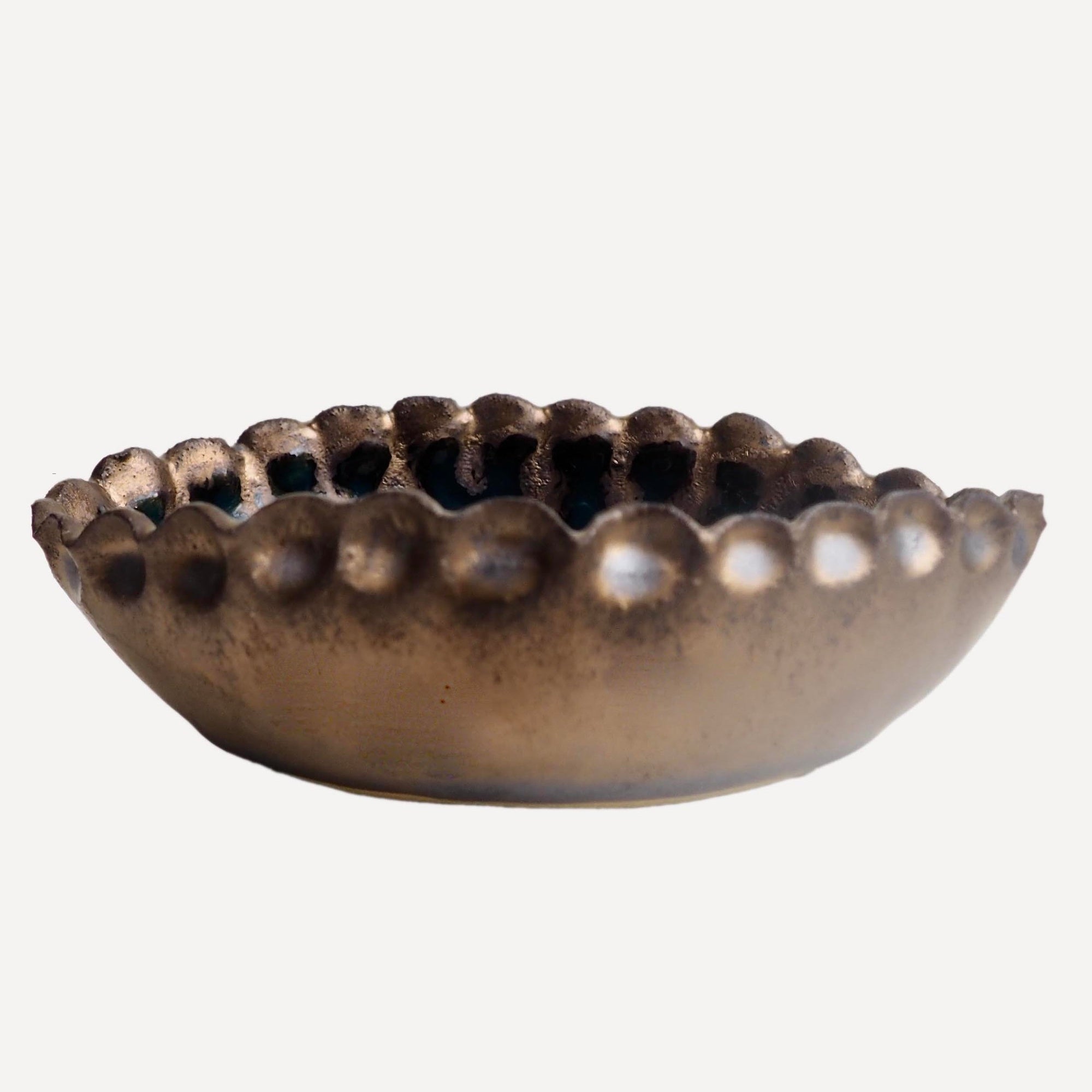 Handmade Teal Blue and Gold Oval Ceramic Soap Dish with Scalloped Top Edge