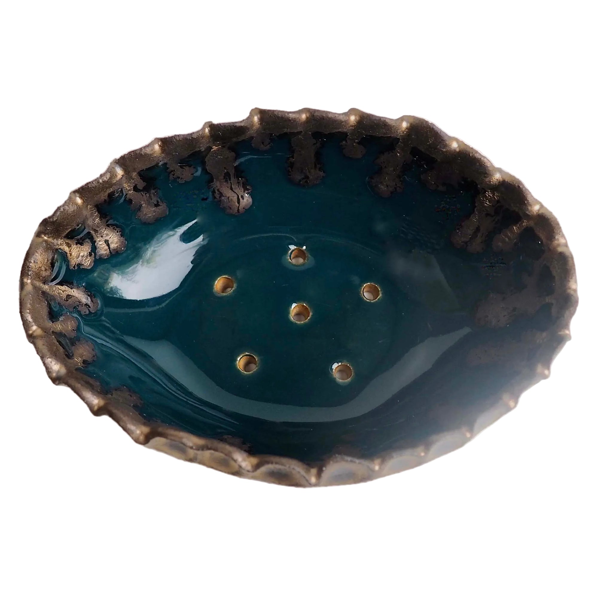 Handmade Teal Blue and Gold Oval Ceramic Soap Dish with Scalloped Top Edge