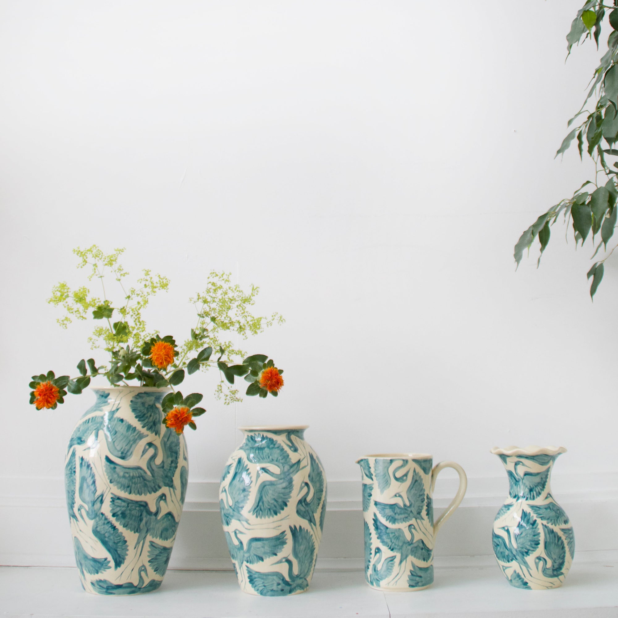 Large Hand Painted Herons Jug Pitcher Vase - Teal