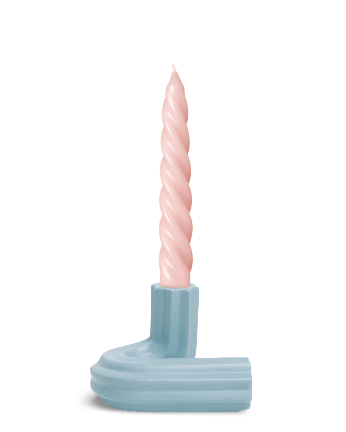 A pastel pink twisted candle in Light BlueTemplo Candle Holder by OCTAEVO set against a plain white background.