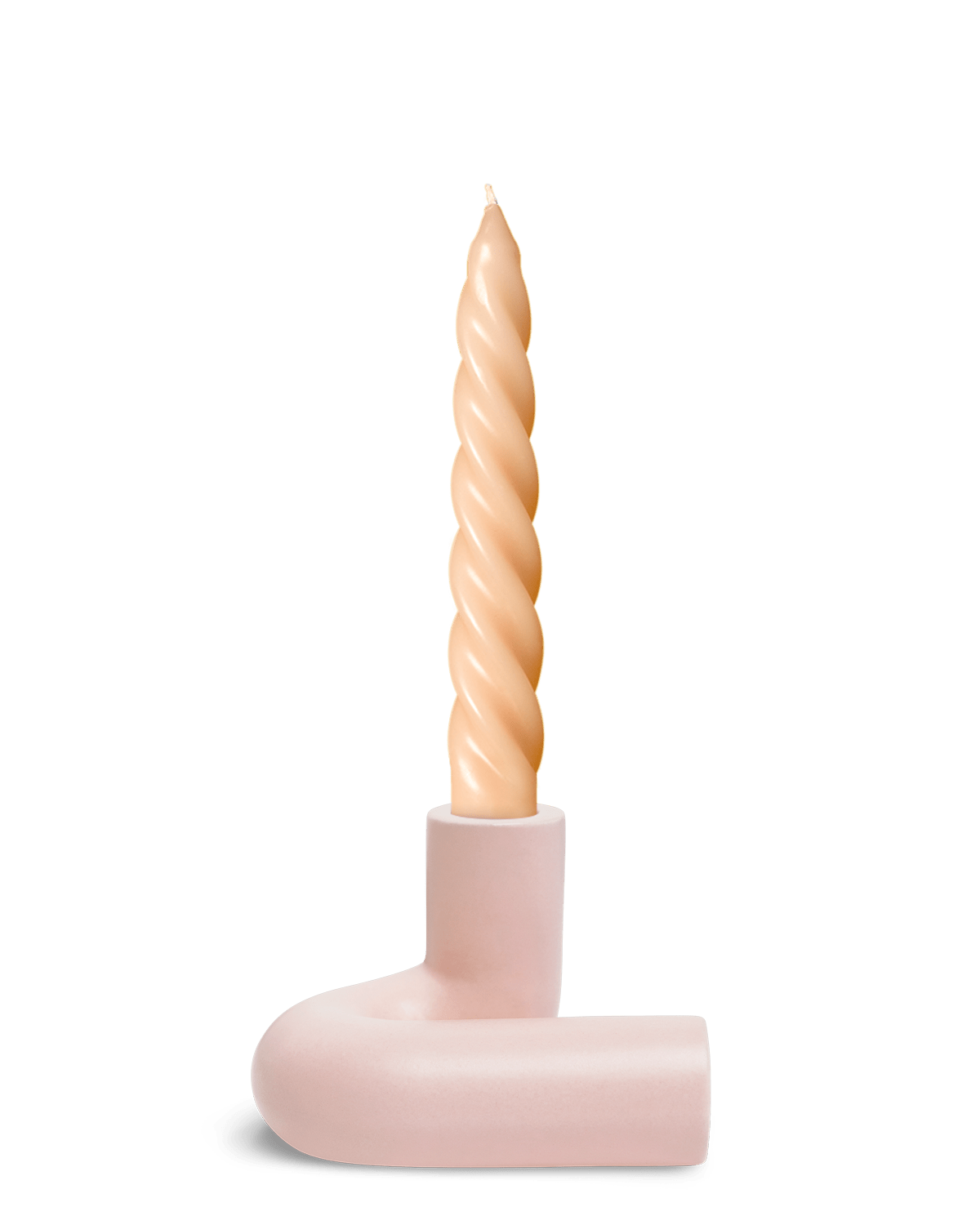 A twisted beige candle in Pink OCTAEVO Templo Candle Holder sits against a plain white background.