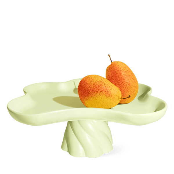 Octaevo Templo High Tray: light mint, flower-shaped centerpiece with a twisted pedestal base, shown on white.