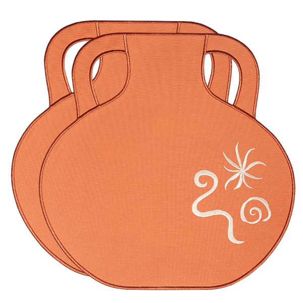 Set of 2 Octaevo Terracotta Amphora Placemats with handles, featuring white abstract designs—ideal table decor.