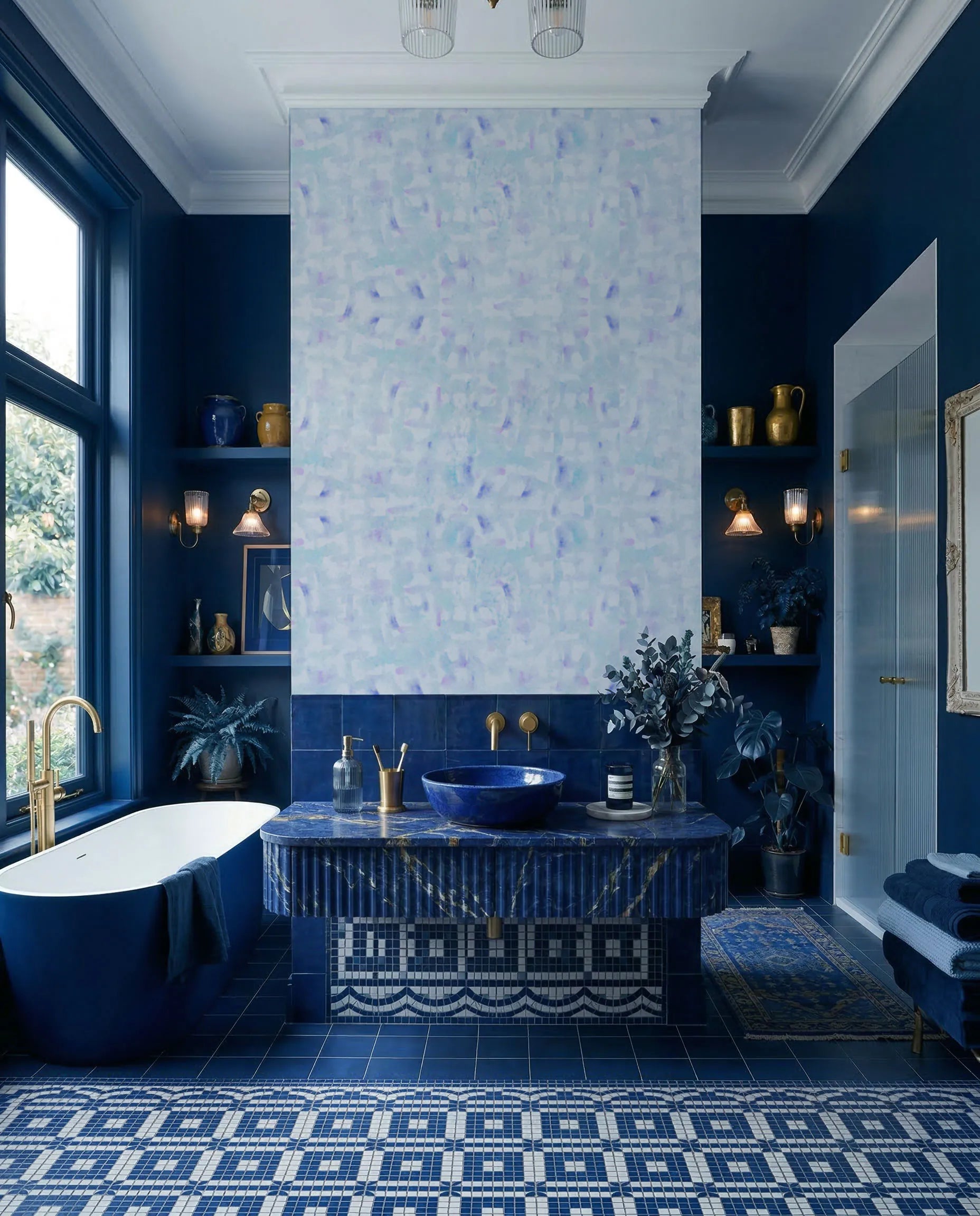 Deep blue bathroom decor with watercolor wallpaper in abstract style