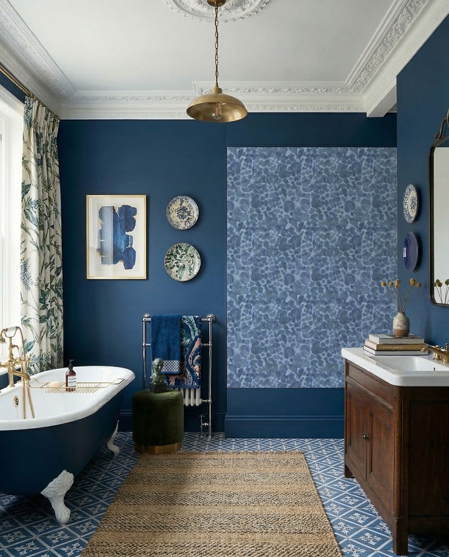 Cape Greco wallpaper in a modern artistic blue bathroom