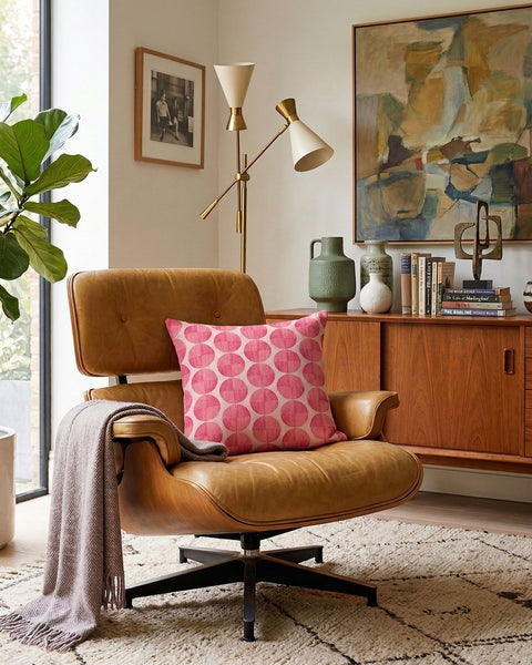 Elysia cushion in fuchsia layered on a mid century chair