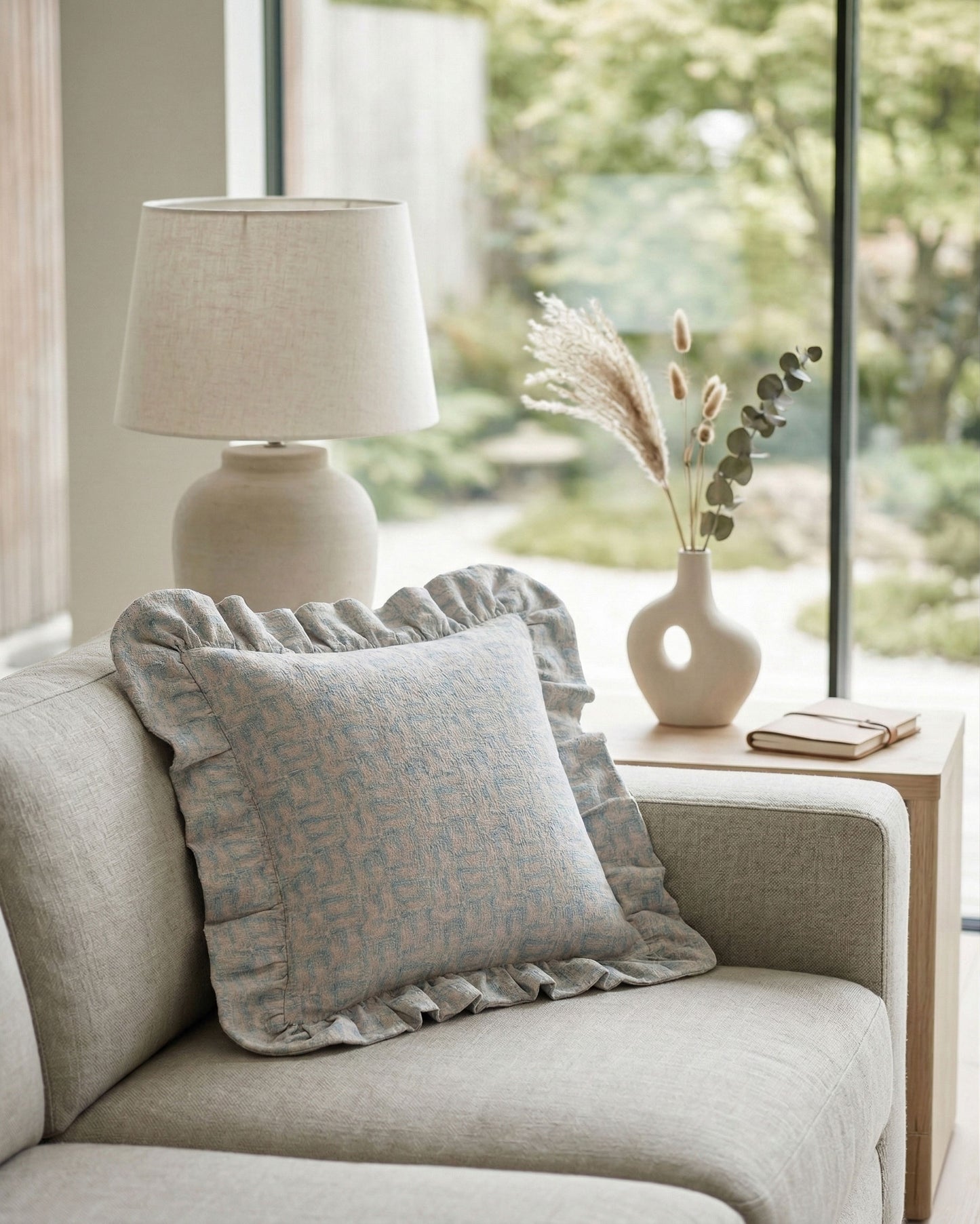 Weave ruffle linen cushion in light blue