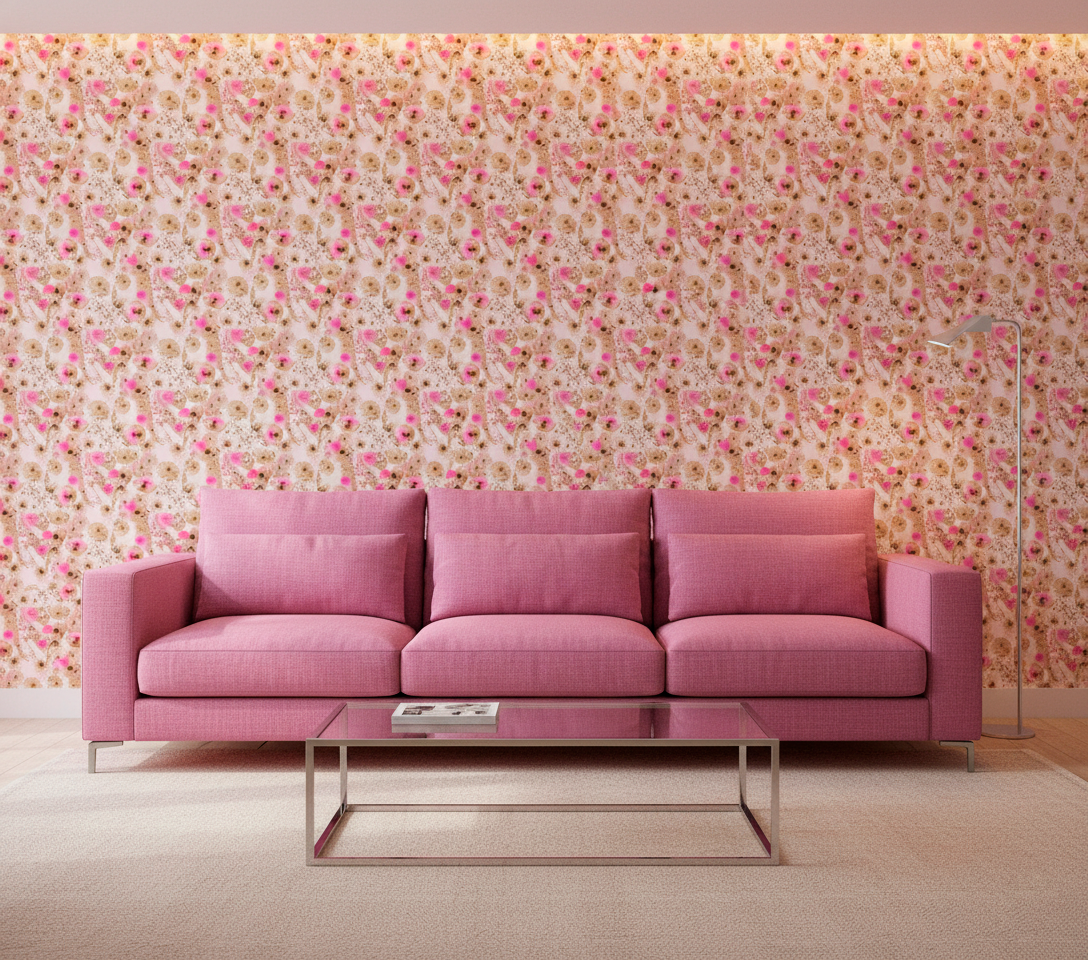Abstract pink wallpaper in pink modern living room