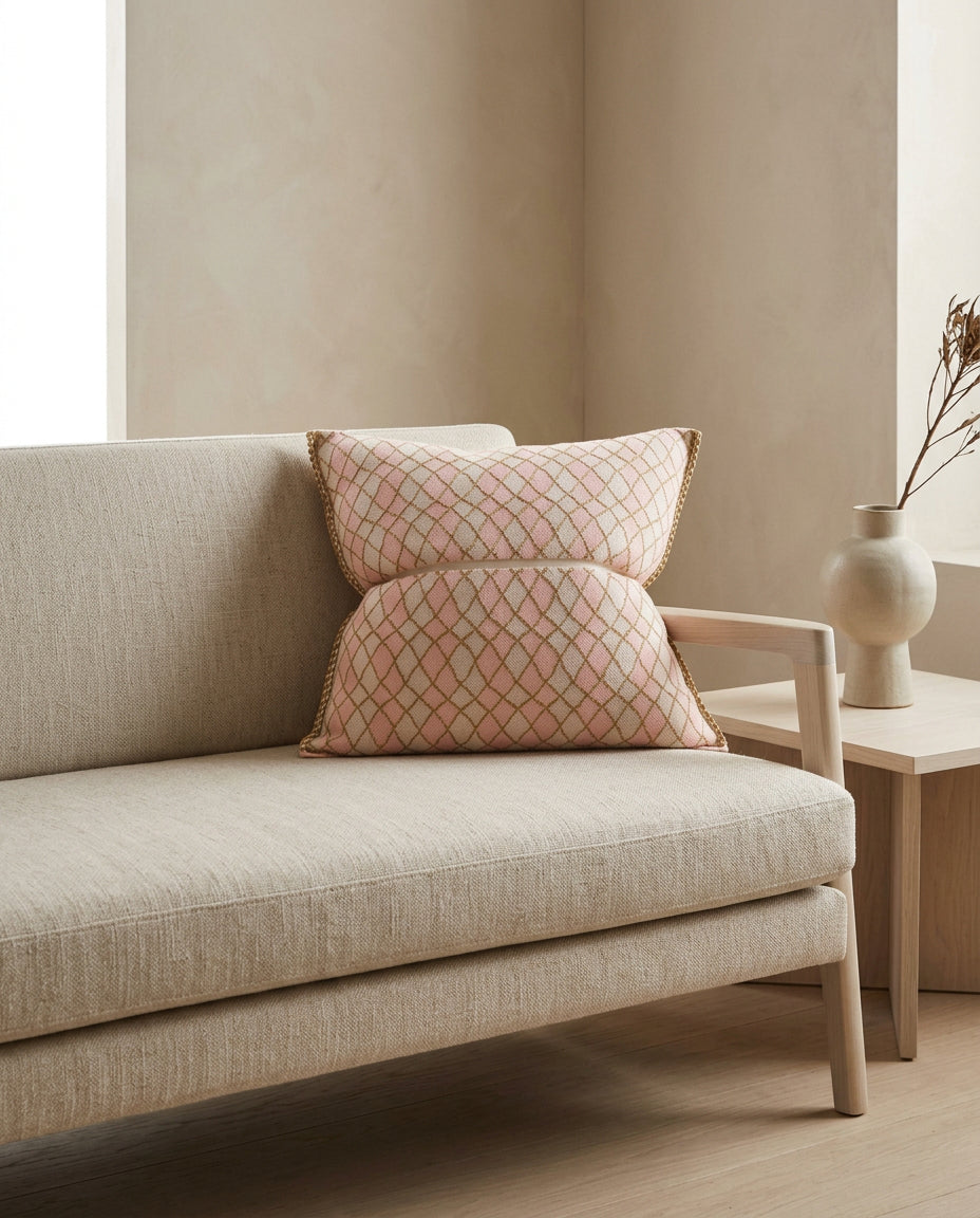 pink bow-shaped knit pillowcase with romb pattern on sofa