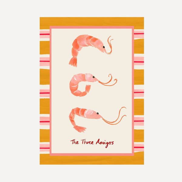 "The Three Amigos" playful art print of three prawns framed by a bold striped border