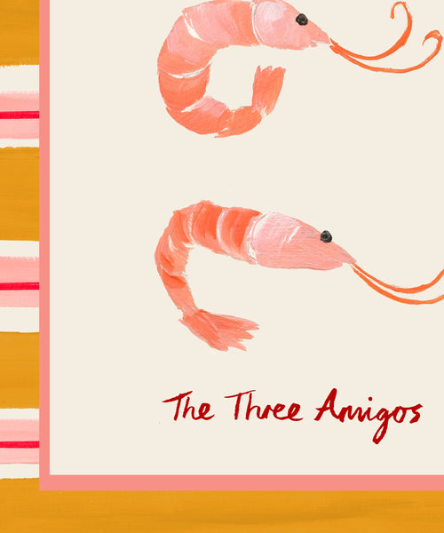 Close-up of "The Three Amigos" print showing three prawns illustration with striped border detail