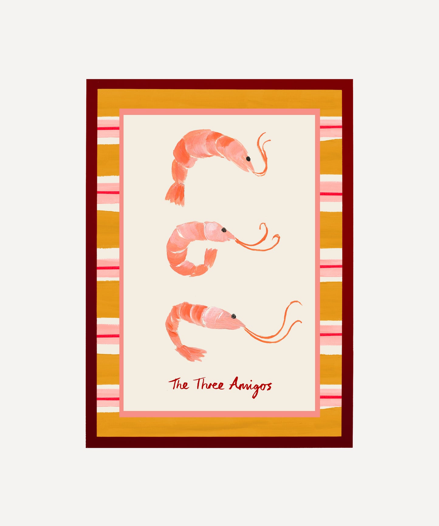 Playful prawn trio art print, "The Three Amigos" with striped border design