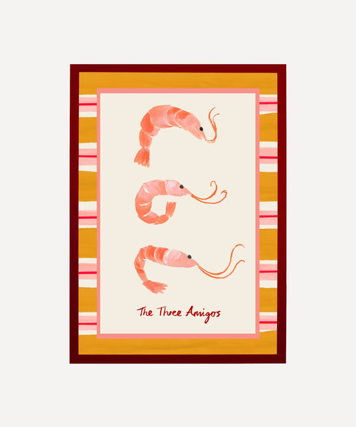 Playful prawn trio art print, "The Three Amigos" with striped border design