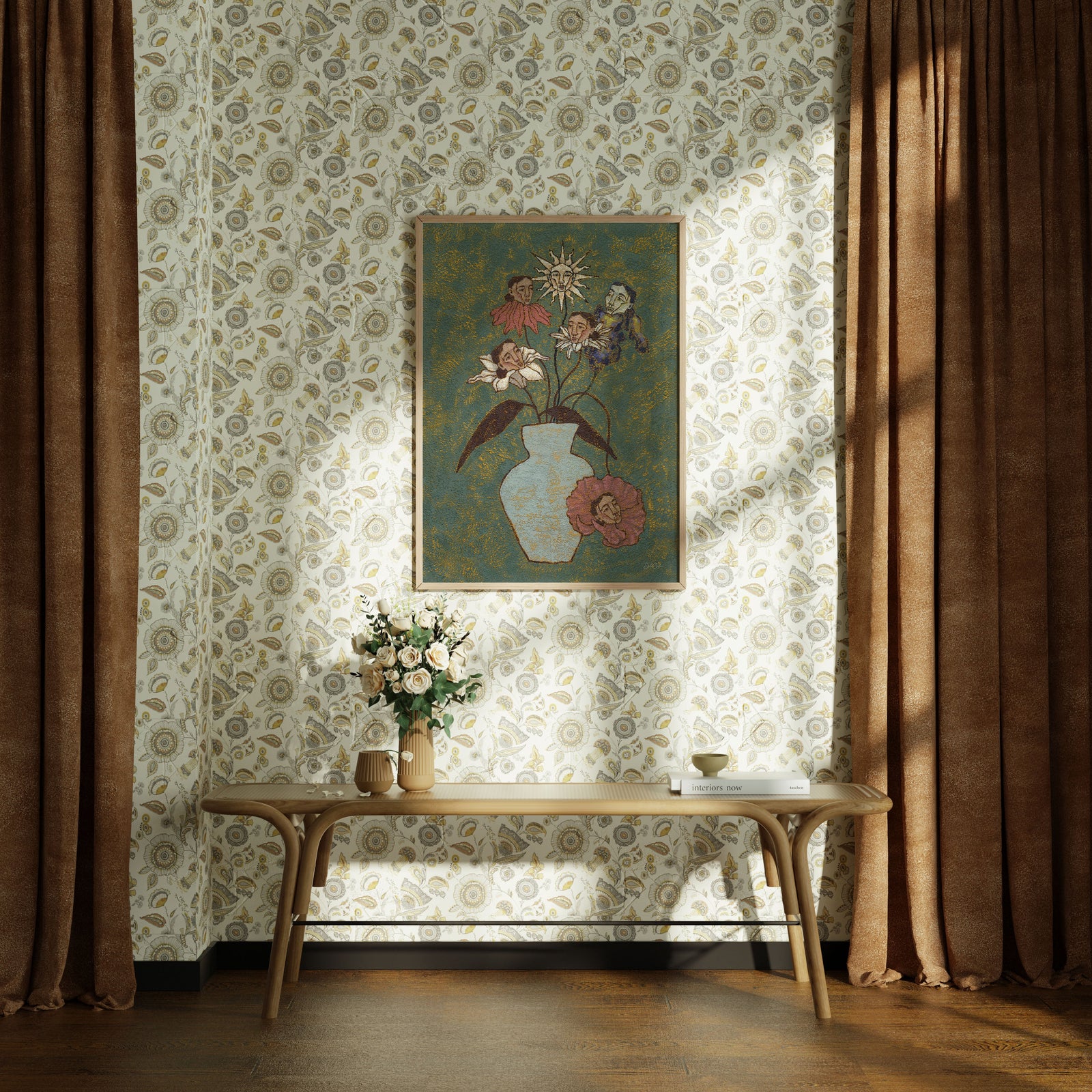 Room interior with floral wallpaper, wooden bench, and decorative, botanical wall art.