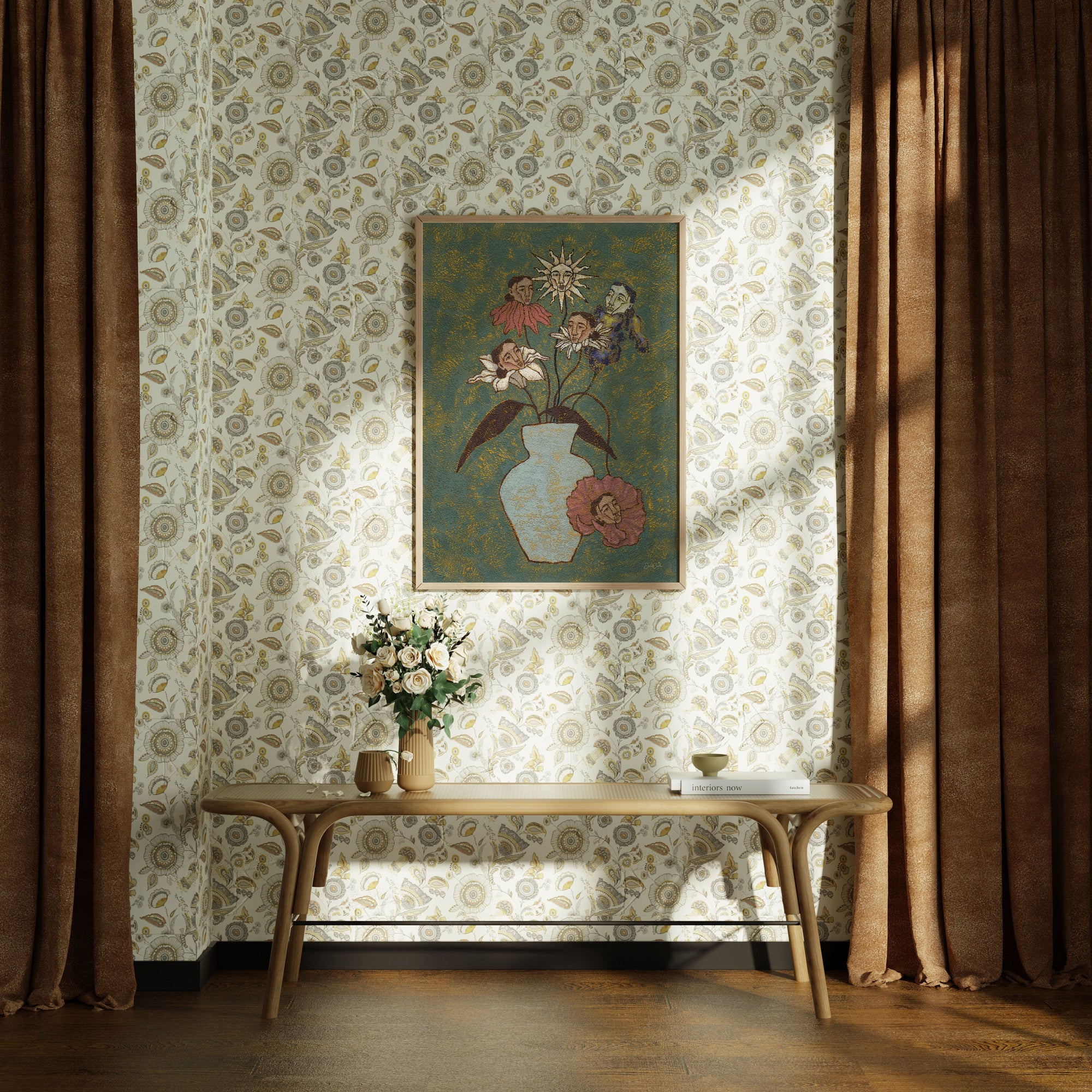 Room interior with floral wallpaper, wooden bench, and decorative, botanical wall art.