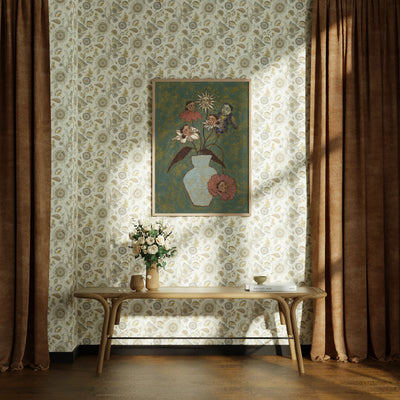 Room interior with floral wallpaper, wooden bench, and decorative, botanical wall art.