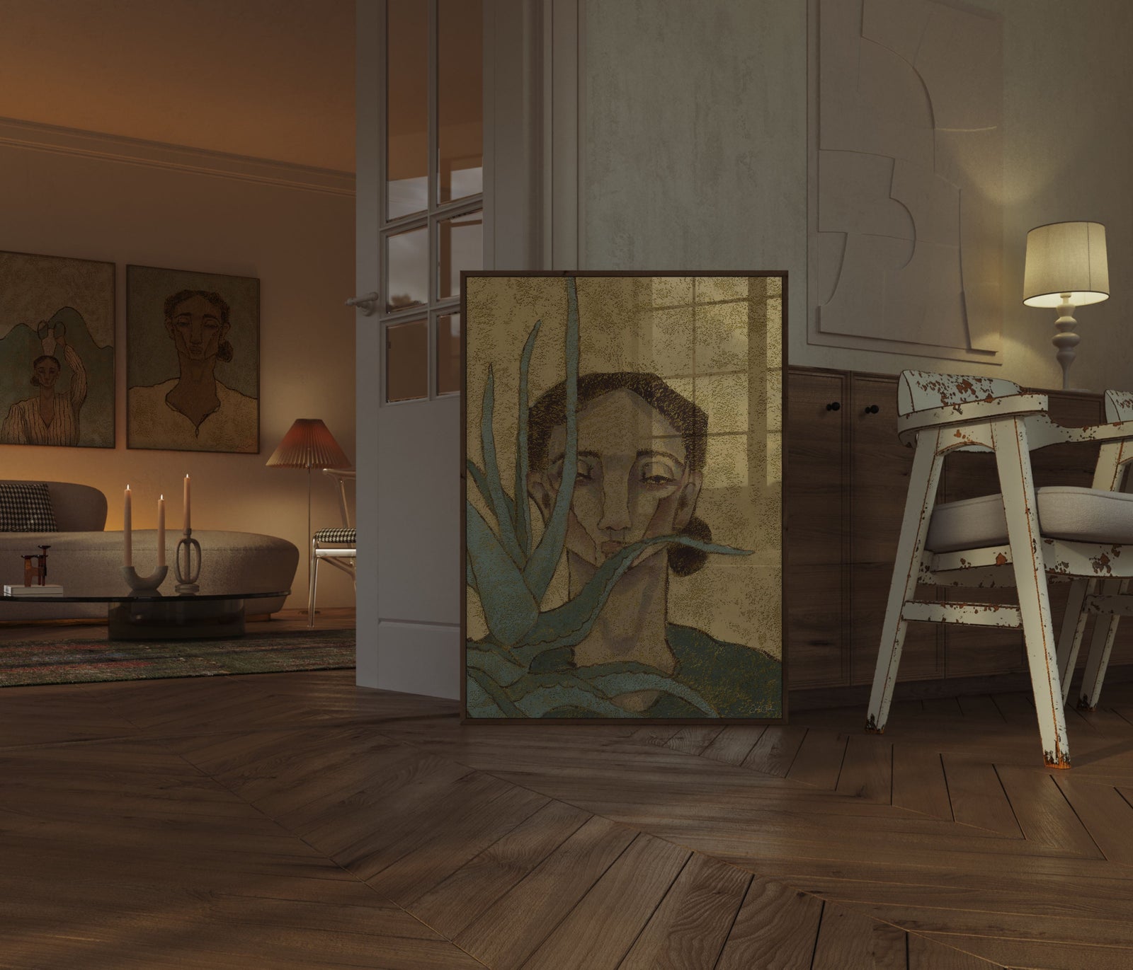 three big art prints of women portraits in a livingroom at night